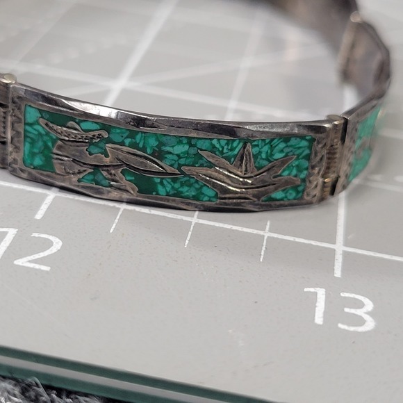 Vintage Mexican 925 Sterling Silver Bracelet Turquoise Mosaic Link 15 Grams - Picture 6 of 11
